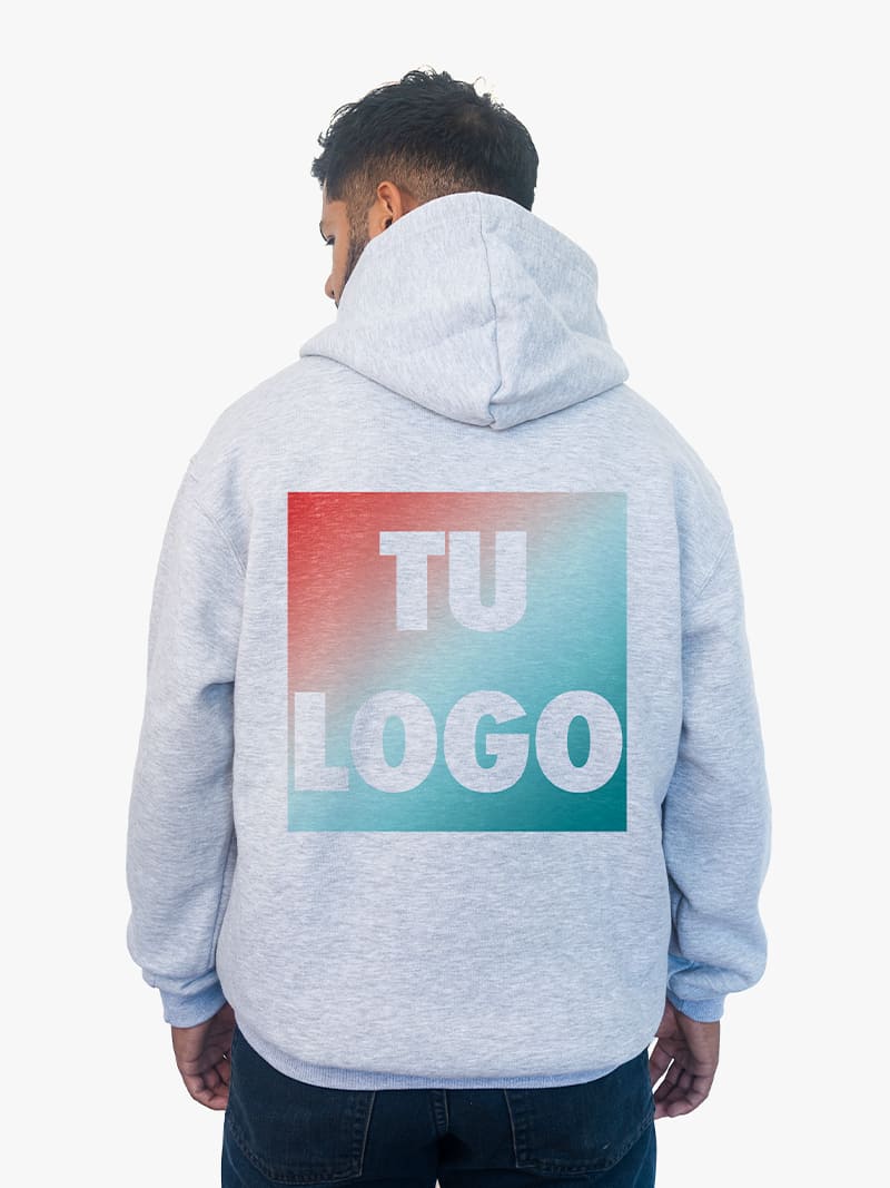 Buzo-canguro-gris-melange-con-estampa-en-espalda Buzo Canguro con Estampa Frontal de hasta 10cm