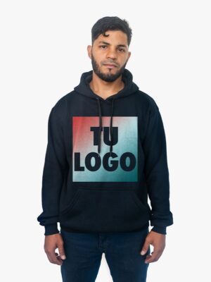 Buzo Canguro negro personalizado con tu logo estampado en DTF