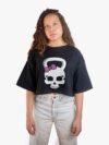 Crop top oversize negro con estampa de pesa rusa calavera