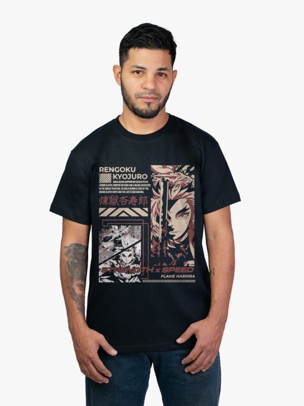 Remera negra con estampa de Rengoku de Demon Slayer