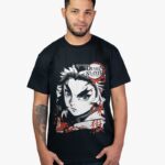 Remera negra con estampa de Rengoku de Demon Slayer
